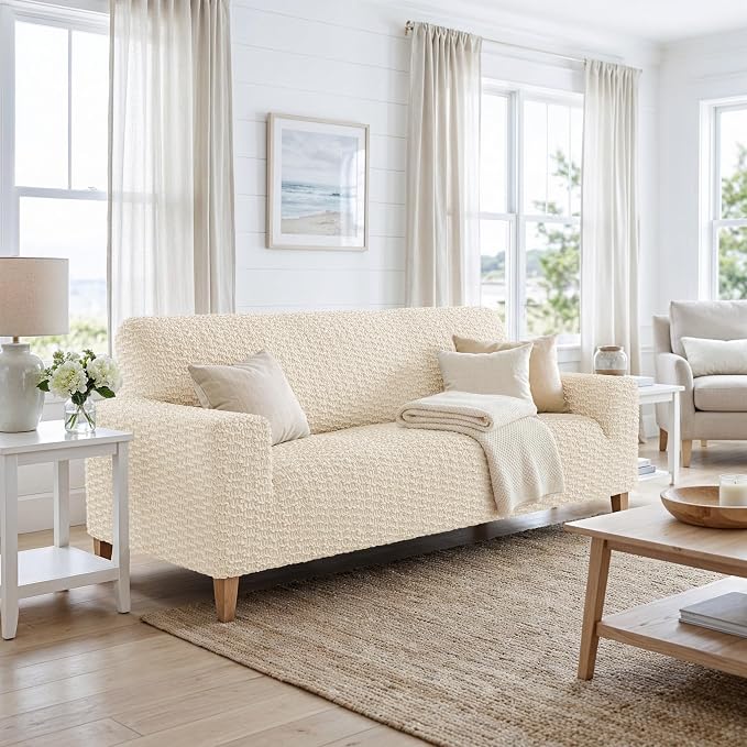 PAULTO BY GA.I.CO. Stretch Sofa Slipcovers – Soft Elastic Fabric Couch Cover for Armchair Loveseat 3-Seater & 4-Seater Sofa Cover – Non-Slip Furniture Protector Washable - Cream (64"-85" Wide) - Image 2