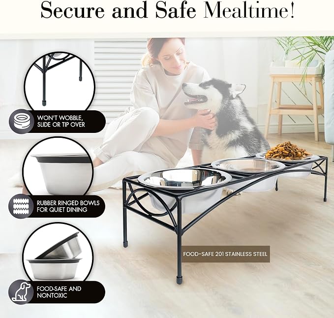 NMN Designs Regal Triple Diner - Triple Bowl Dog and Cat Feeder Stand - Ideal for Feeding Multiple Pets - Durable Wrought Iron Construction with 3-2 Qt Stainless Bowls - 26.5" L x 8" W x 7" H, Black - Image 5