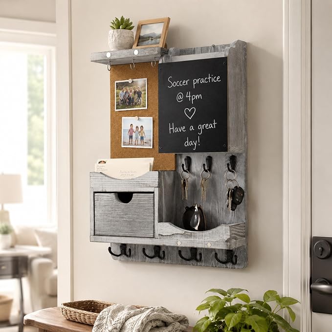 Key Holder Wall Mount， Mail Organizer Key Holder for Wall with Shelf, Drawer, Chalkboard, Corkboard, Home Decor Wall Mounted for Room Entryway(Grey) - Image 8