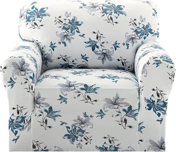 H.VERSAILTEX Floral Pattern Slip Covers for Armchairs Printed Sofa Covers Super Soft Fabric High Stretch Couch Cover for Dogs Washable(Vintage Petal-Blue,Chair) by HVERSAILTEX