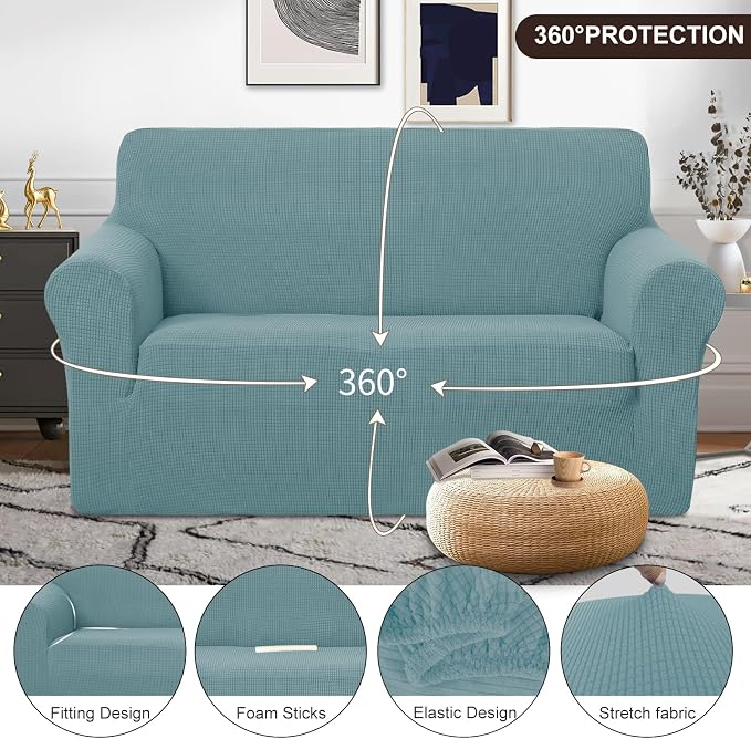 U-NICE HOME Loveseat Cover Stretch Couch Cover Sofa Slipcover, Light Blue | 2 Cushion Sofa, 1-Piece Sofa cover, Washable, Pet friendly, Furniture protector, Polyester Spandex Jacquard fabric - Image 3