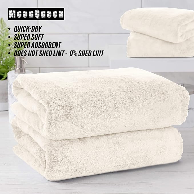 MOONQUEEN 2 Pack Premium Bath Towel Set - Quick Drying - Microfiber Coral Velvet Highly Absorbent Towels - Multipurpose Use as Bath Fitness, Bathroom, Shower, Sports, Yoga Towel (Cream) - Image 6