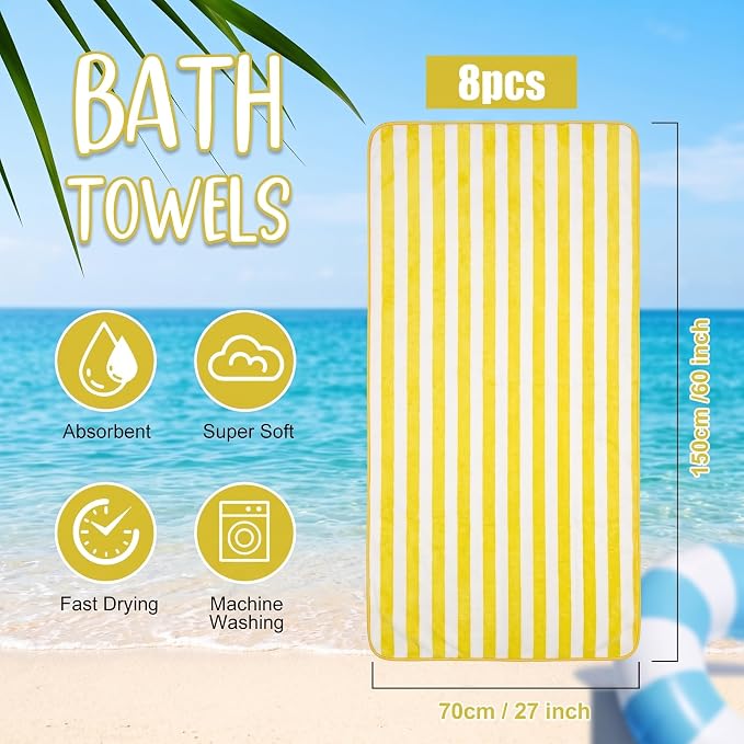 SmoothNovelty 8 Pack Microfiber Bath Towels Bulk 27'' x 60'' Oversized Bath Towel Highly Absorbent Extra Large Shower Sheets Soft Drying for Beach Pool Bathroom Salon Party(Wide Stripe,Yellow) - Image 2