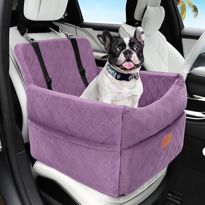 HEGGCOOE Small Dog Car Seat, Memory Foam Dog Booster Seats with Thick Cushion for Medium Dogs Under 35lbs, Detachable Washable Pet Car Seat Bed with Storage Pockets,2 Safety Belts Purple by HEGGGCOOE