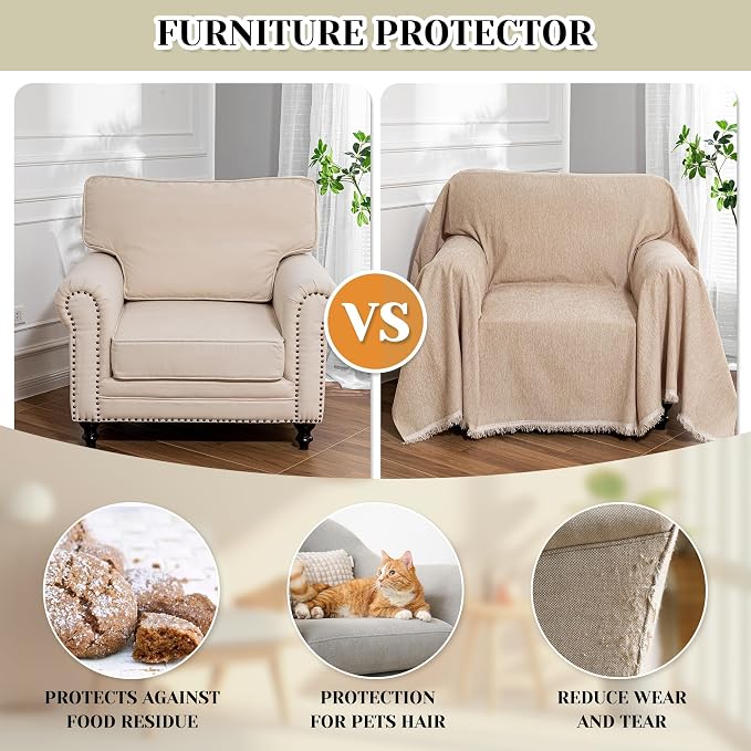 MEETSKY Sofa Covers Armchair Single Couch Cover for Dogs,Throw Couch Cover with Tassel Recliner Chair Recliner Cover Washable 1 Cushion Couch Chenille Couch Protector, 71"x 91", Khaki - Image 4