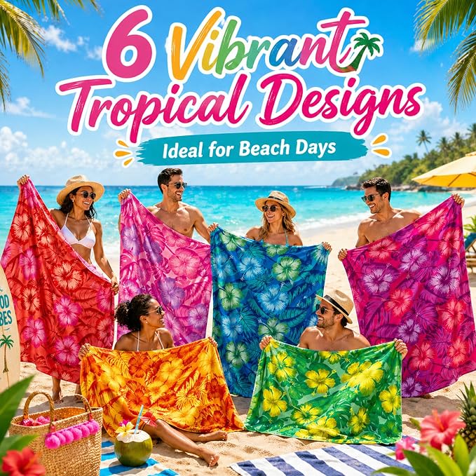 6 Pack Microfiber Beach Towel Set 32x71 Oversized Extra Large Swim Pool Towel Soft Fiber Beach Towels Set Bath Blanket for Summer Travel Spa Swim Accessories Vacation Essential Gift(Tropical Flowers) - Image 5