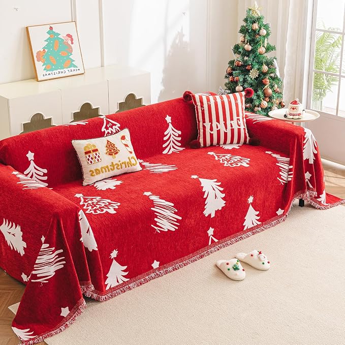 hyha Couch Cover for Dogs, Boho Chenille Sofa Cover for 3 Cushion Couch | Anti-Scratch Washable Sofa Slipcover, Loveseat Sectional Couch Blankets with Tassels (Red Christmas Tree, 88.5x134 Inch) - Image 8