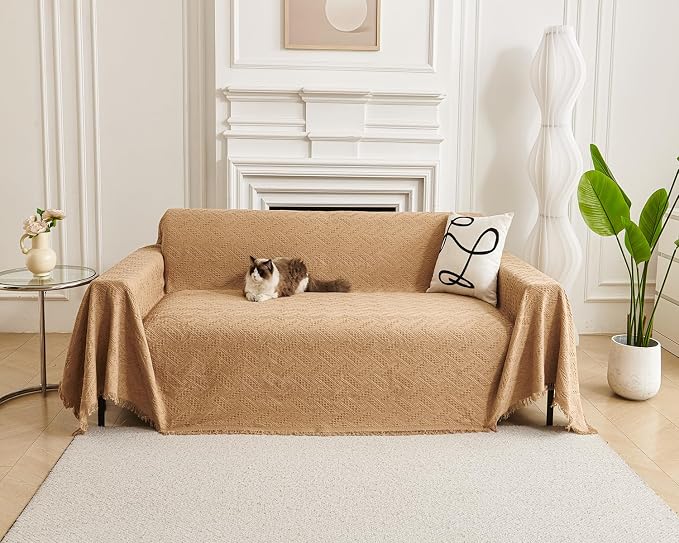 AIVIA Couch Cover Sheet Blanket, Oversized Covers for 3 Cushion Sofa, Large Furniture Decoration Slipcovers, L-Shape U-Shaped Sectional Protector for Cats Dogs Pets (Khaki, 71” x 118”) - Image 3