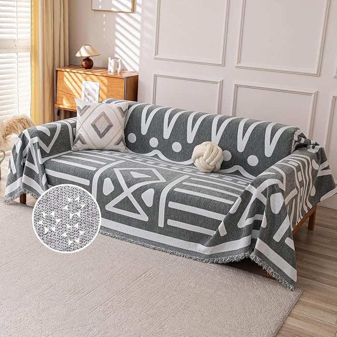 Deep Dream Boho Couch Cover, Non Slip Soft Chenille Sofa Covers for 3 Cushion Couch, Thick Sofa Slipcover Couch Covers Washable Blanket Cover for Living Room (Grey, 71"x134") by DeepDream