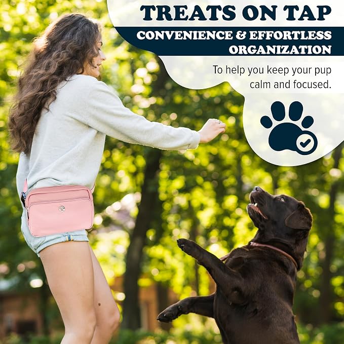Puppington 3-in-1 Crossbody Dog Walking Bag & Treat Pouch with Matching Planet Safe Poop Bags & Built-In Dispenser - Zippered Pockets (Blush Pink) - Image 4