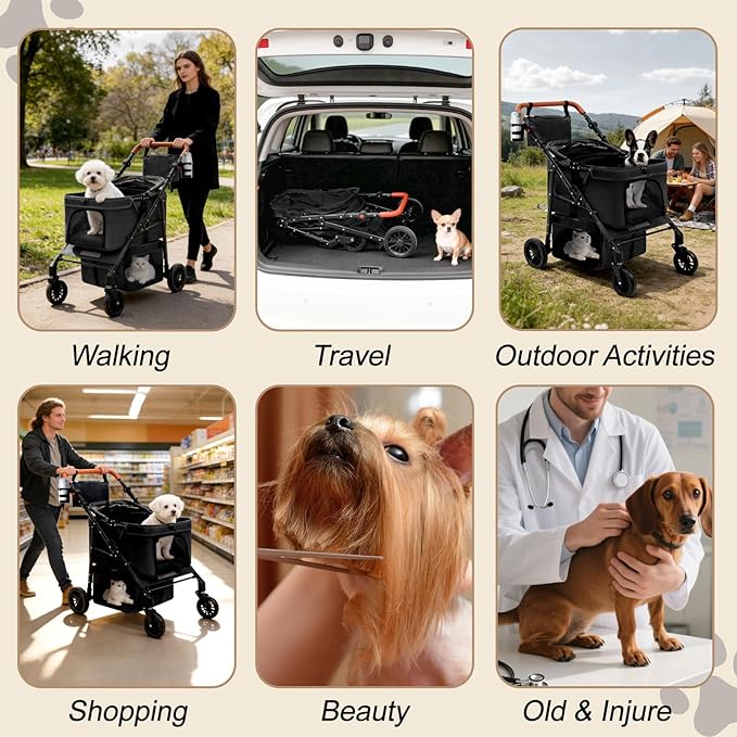 Dog Stroller for 2 Dogs, Pet Stroller for 2 Small Dogs, 360°All-Terrain 4-Wheel Cat & Dog Stroller, Adjustable Handle & Canopy, Cup Holder, Storage Organizer, Foldable & Ventilated (Black)