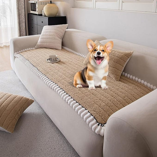 STACYPIK Plush Sherpa Khaki Pets Couch Cover, Non Slip Geometric Sofa Cover for Sectional, Washable Furniture Protector for 3 Cushion Couch, Multi-use Dogs Bed Mat Pet Friendly-27.6x70.9IN by STACYPIK