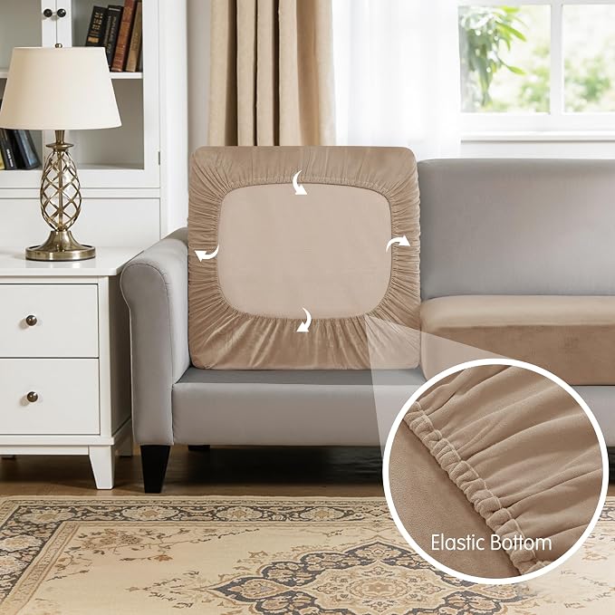 Hokway Velvet Couch Cushion Covers Water Resistant Seat Covers Stretch Sofa Cushion Protector(Small-3PC, Camel) - Image 5