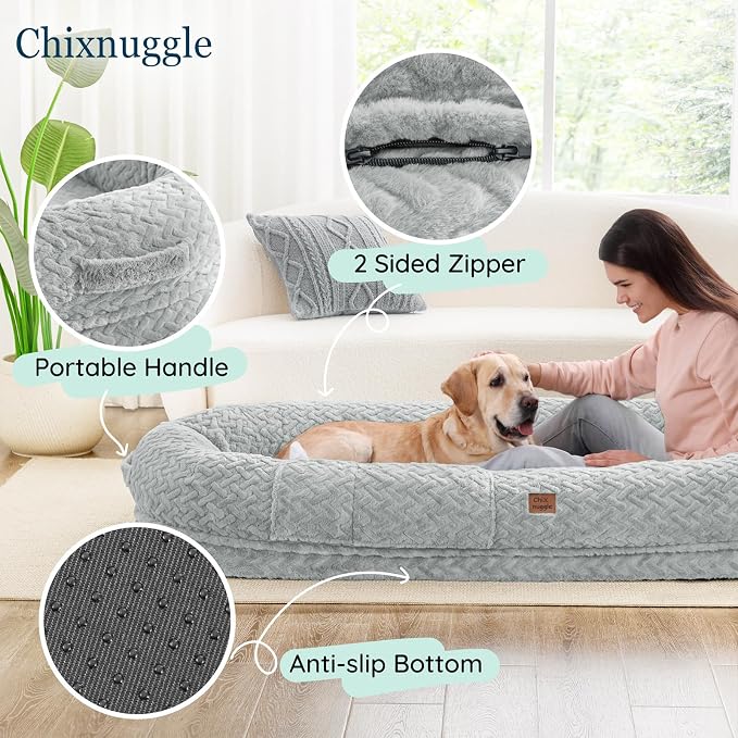 ChiXnuggle Orthopedic Human Dog Bed,with Faux Fur Washable Cover,Blanket | light grey,72*40*10,giant dog bed for adult or extra large dogs,egg crate foam,non-slip bottom - Image 5