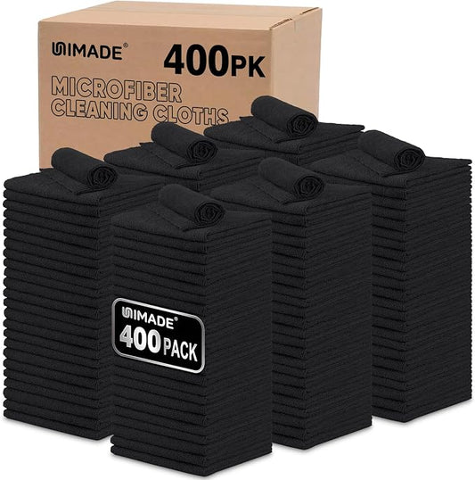 UNIMADE Microfiber Cleaning Cloth, 400 Pack Microfiber Towels for Cars | Commercial Grade Work Rags Bulk Detailing Cloth for Automotive Bar Mechanic Garage Housekeeping, 11.5"x 11.5", Black by Unimade