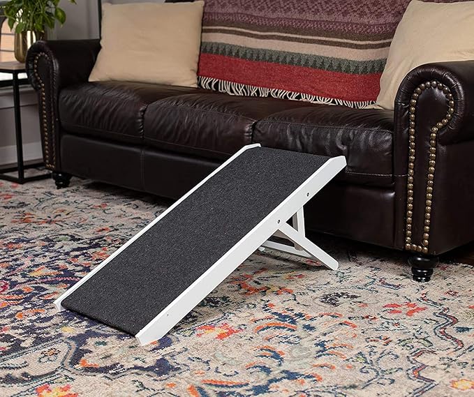 BIRDROCK HOME Adjustable Pet Ramp for Small Dogs, Cats, Puppies - Foldable Wooden Dog Ramp for Couch, Bed, Car - Indoor or Outdoor- Safe, Portable, Non-Slip Carpet - 16", White