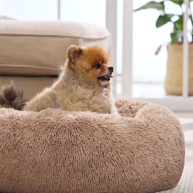 Bedsure Calming Small Medium Dog Bed Donut Washable Puppy Bed,27ins Camel | Fluffy Faux Fur Round Cuddler,Machine Washable,Anti-Slip Bottom,Anti-Anxiety,Deep Sleeping for Pets Up to 35 Lbs - Image 7