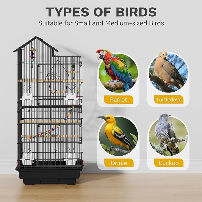 DWVO 62-inch Metal Bird Cage | Bird Cage Spacious for Cockatiels, Parrots, Pigeons, Lovebirds, Features Roof Access and Rolling Stand Black - Image 3