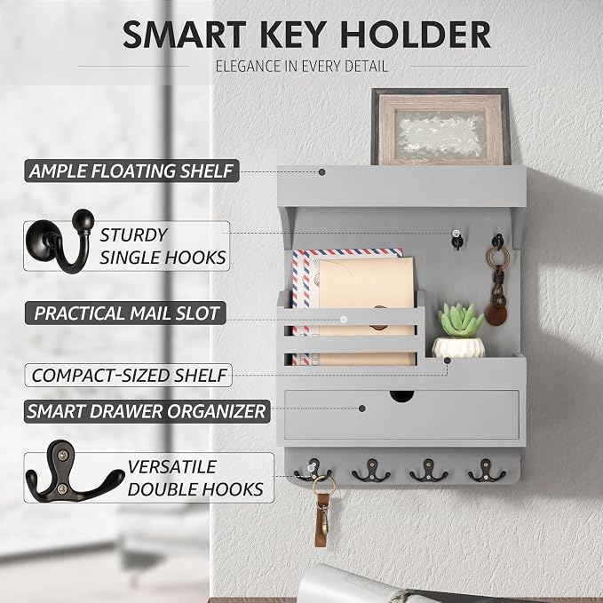 Rebee Vision Key Holder Wall Mount with Drawer &Shelf for Entryway, Gray | Key Holder for Wall, 6 Key Hooks, Floating Shelf, Drawer Organizer, Mail Organizer, Trendy Home Decor, Room Decor Aesthetic - Image 5