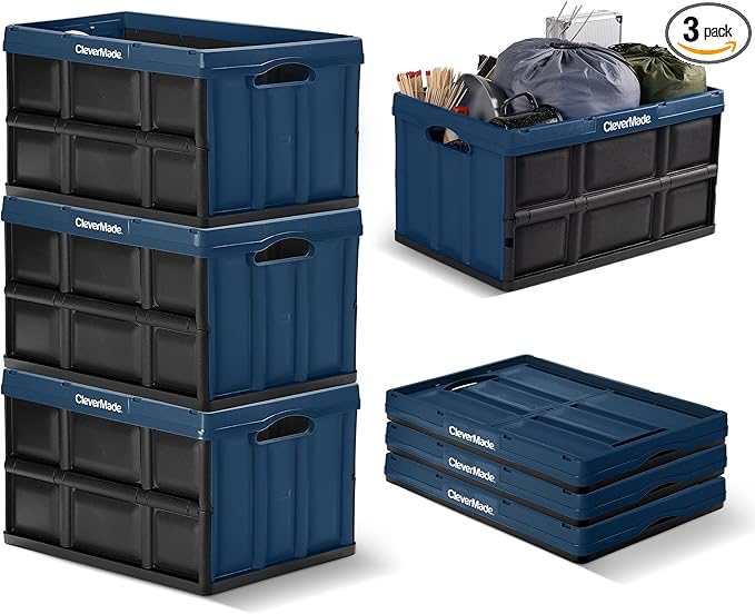 CleverMade Collapsible Storage Bins, 62L, 3 Pack, Ocean | Extra-large bins support 100 lb for groceries, tools, and gear. They stack securely and fold to 2.75 inches for storage. by CleverMade