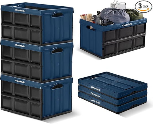 CleverMade Collapsible Storage Bins, 62L, 3 Pack, Ocean | Extra-large bins support 100 lb for groceries, tools, and gear. They stack securely and fold to 2.75 inches for storage. by CleverMade