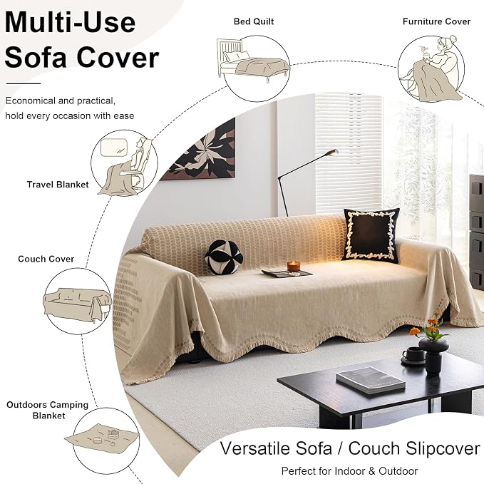 ROOMLIFE Khaki Sofa Cover, Vintage Boho Couch Cover for 3 Cushion Sofa, Non Slip Soft Chenille Sofa Slipcovers for Dog, Washable Furniture Sofa Protector Cover with Tassel for Living Room, 71''X150” - Image 7