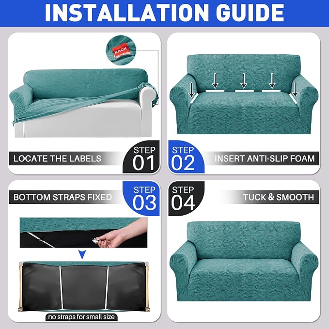 YEMYHOM 1 Piece Stretch Couch Covers for 2 Cushion Couch, Jacquard Loveseat Cover with Non-Slip Elastic Bottom, Thickened Slipcover Furniture Protector for Dogs Pets (Medium, Peacock Blue） - Image 7