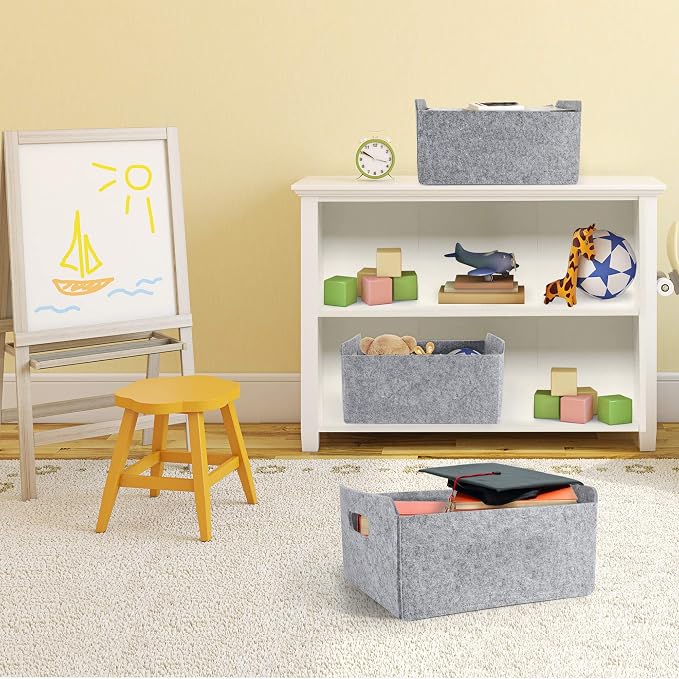 Welaxy Storage Baskets Collapsible Felt Storage bin Foldable Shelf Drawers Organizers Bins organizie Box with Handles for Kids Toys pet Toy Books Clothes Makeup Junk organise (Gray x 3) - Image 7
