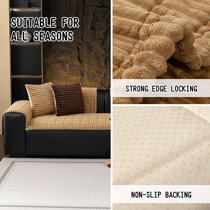 Sofa Couch Cover, Sofa Covers for Dogs Washable, Non-Slip Striped Sofa Slipcovers for Sectional Sofa, Sofa Cover Furniture Protector for L Shaped(Khaki, 27.6"x 27.6") - Image 2