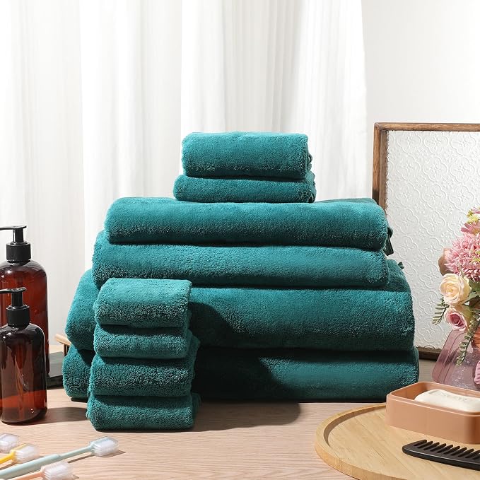 Mixweer 24 Piece Teal Microfiber Absorbent Towel Set: 2 Oversized Bath Sheets, 4 Bath Towels, 6 Hand, 8 Washcloths, 4 Fingertip for Bathroom Spa Gym Camping Beach - Image 2