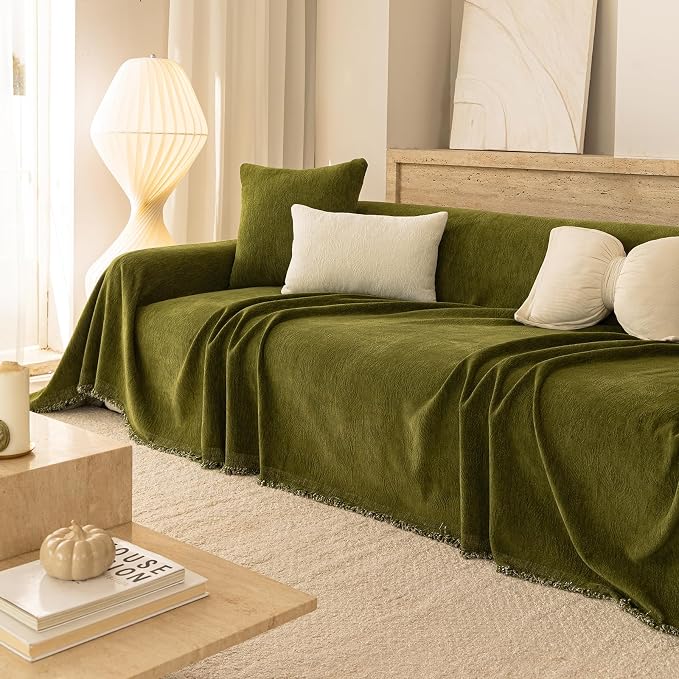 Green Boho Couch Covers for Sofa Washable for 3 Cushion Couch,71''X150'' | Chenille Furniture Protector Sofa Couch Cover for Dogs, Soft Breathable Sofa Slipcover, Couch Throw Blankets with Tassels - Image 5