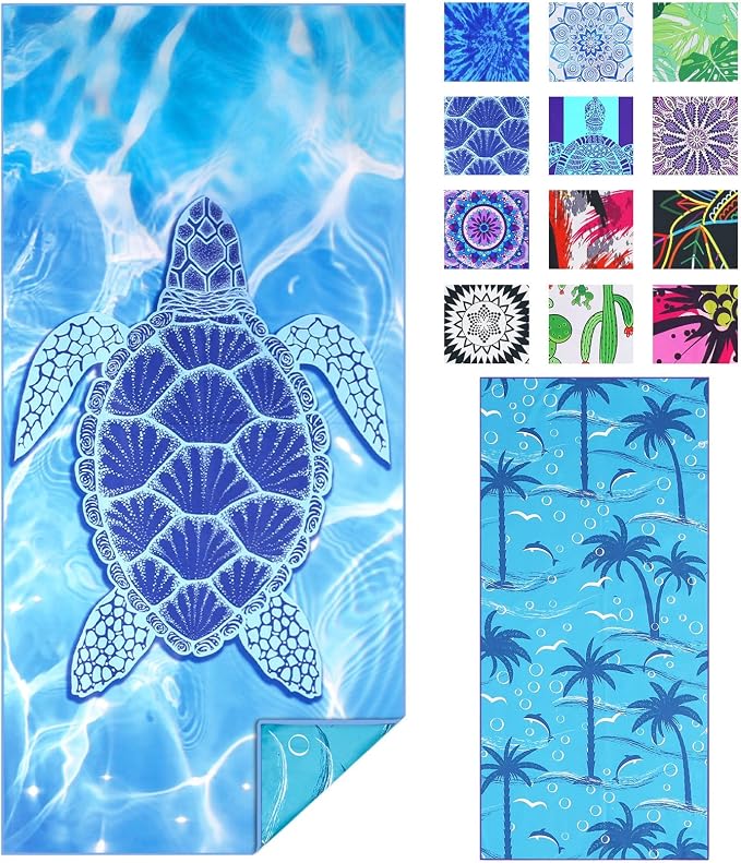 TwoYek Microfiber Beach Towel Extra Large 71x32 inches Blue Turtle Print | Thin & Lightweight, Oversized Sand Free Quick Dry Towels for Travel Pool Camping Sports Accessories Vacation Essentials Gift by TwoYek