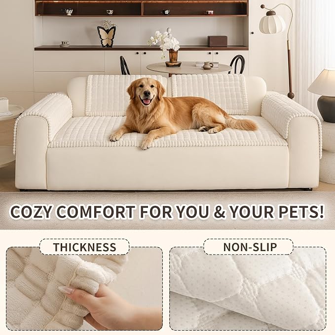 Couch Covers for Sofa Washable, Non Slip Couch Covers for Dogs, Soft Plush Pet Friendly Dog Couch Cover, Plaid Couch Protector for Dogs, Pet Couch Cover for LoveSeat(Beige White,28"×59",1PC) - Image 5