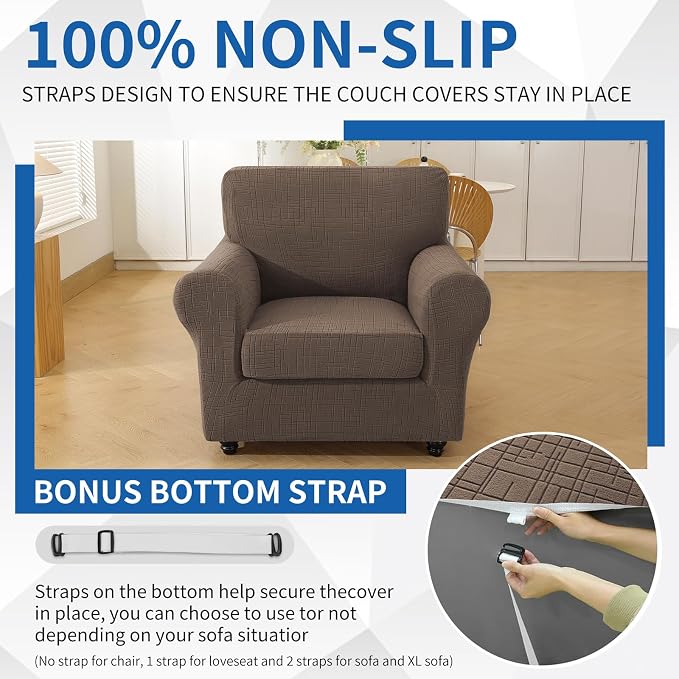 CYCMCAO Stretch 2 Piece Armchair Covers, Non Slip Chair Covers Armchair, Sofa Covers for Pets Washable with Elastic Bottom, Couch Slipcover for Kids, Dogs (Light Brown), 31"-46" (1 Cushion) - Image 7