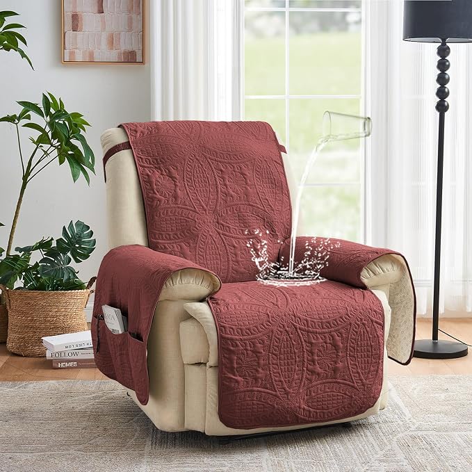 Red Quilted Recliner Chair Covers, Waterproof Medium Chair Covers, Lazy Boy Chair Covers, Pet Friendly Recliner Slipcover for Dogs Cats, Washable Furniture Protector (Recliner 26", Red) - Image 2