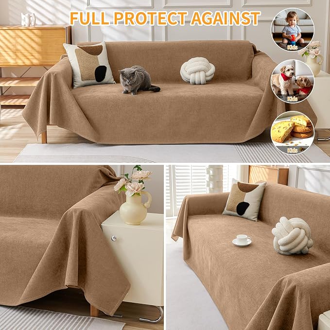 Deep Dream Cat-Scratch Resistant Couch Cover, Waterproof Sofa Cover for 3 Cushion Couch Washable, Pet Friendly Couch Protectors Anti Slip Thickened Sofa Slipcovers for Dogs Pets, 91" x 134", Brown - Image 4