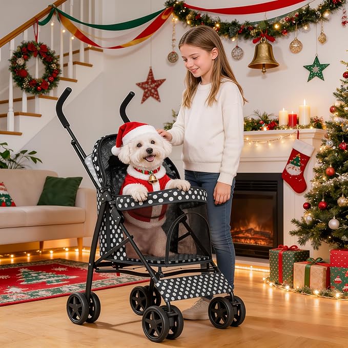 MoNiBloom 4 Wheels Pet Stroller, Easy-Fold Umbrella Shaped Dog Cat Jogger Stroller w/Storage Bag & Visible Mesh for Small/Medium Dogs Cats Black Polka Dots