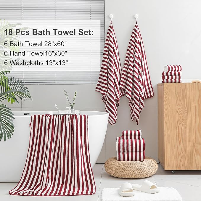 Smuge 18 Pcs Bath Towel Set, Include 6 Bath Towel Sheets, 6 Hand Towels and 6 Washcloths - Highly Absorbent Quick Dry Microfiber,Ultra Soft Bathroom Towel Set with Hanging Loop - Wine - Image 5