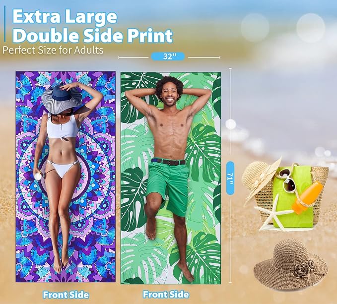 TwoYek Microfiber Beach Towel Extra Large 71x32 Mandala Leaves 2 Pack | Thin & Lightweight, Sand Free, Super Absorbent & Quick Dry, Oversized Towels for Beach Bath Pool Swim Travel Essentials Gift - Image 3