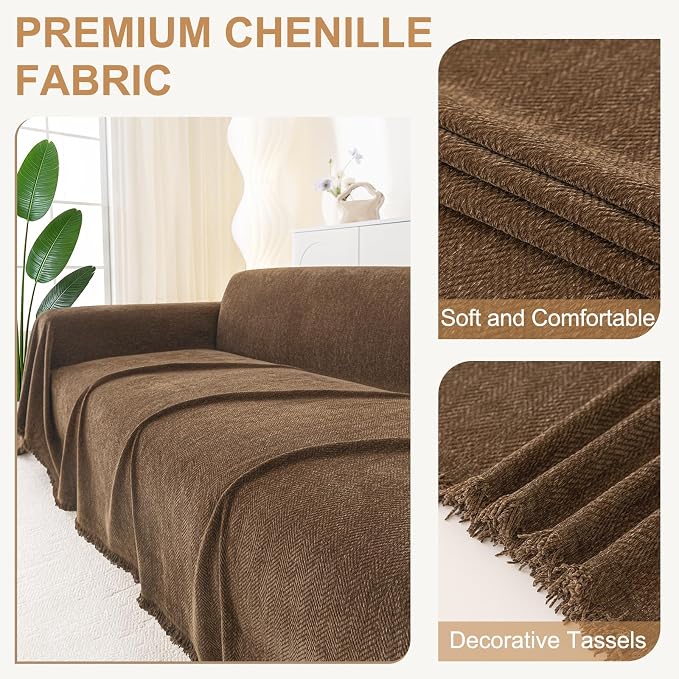 Smiry Couch Cover for Dogs, Chenille Sofa Covers for 3 Cushion Couch | Washable Soft Sofa Slipcover for Pets, Thick Sectional Furniture Protector with Tassels (Chocolate, 71x102 Inch) - Image 2