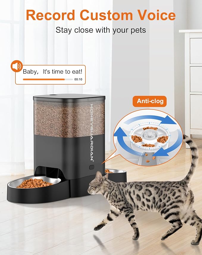 HoneyGuaridan Automatic Cat Feeder for 2 Cats, 2.4/5G WiFi Smart Feed Pet Feeder with Stainless Steel Bowl,APP Control Dispenser, Dual Power Supply,Desiccant Bag,10s Meal Call Black - Image 5