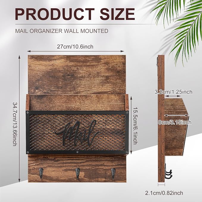 Yalikop Farmhouse Mail Organizer Wall Mounted Rustic Mail Holder Hanging Key Sorter with 3 Hooks Indoor Wooden Wall Mounted, Letter, Magazines, Newspapers, Keys(Classics,Brown) - Image 2