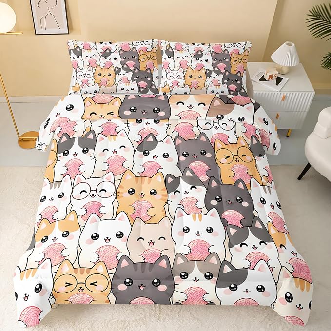 QOOMO Kawaii Cat Comforter Twin Size,Cats Bedding Set for Kids Teens Girls Boys,3Pcs Bedding Set Printed Comforter with 2 Pillowcases,Down Alternative,Soft and Lightweight，Twin Size - Image 3