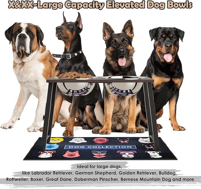 Elevated Dog Bowls for Large and X-Large Dogs, with Spill Proof Mat, 4 Heights Adjustable Wood Raised Dog Bowl Stand with Two Stainless Steel Food and Water Bowls, Non-Slip - Image 2