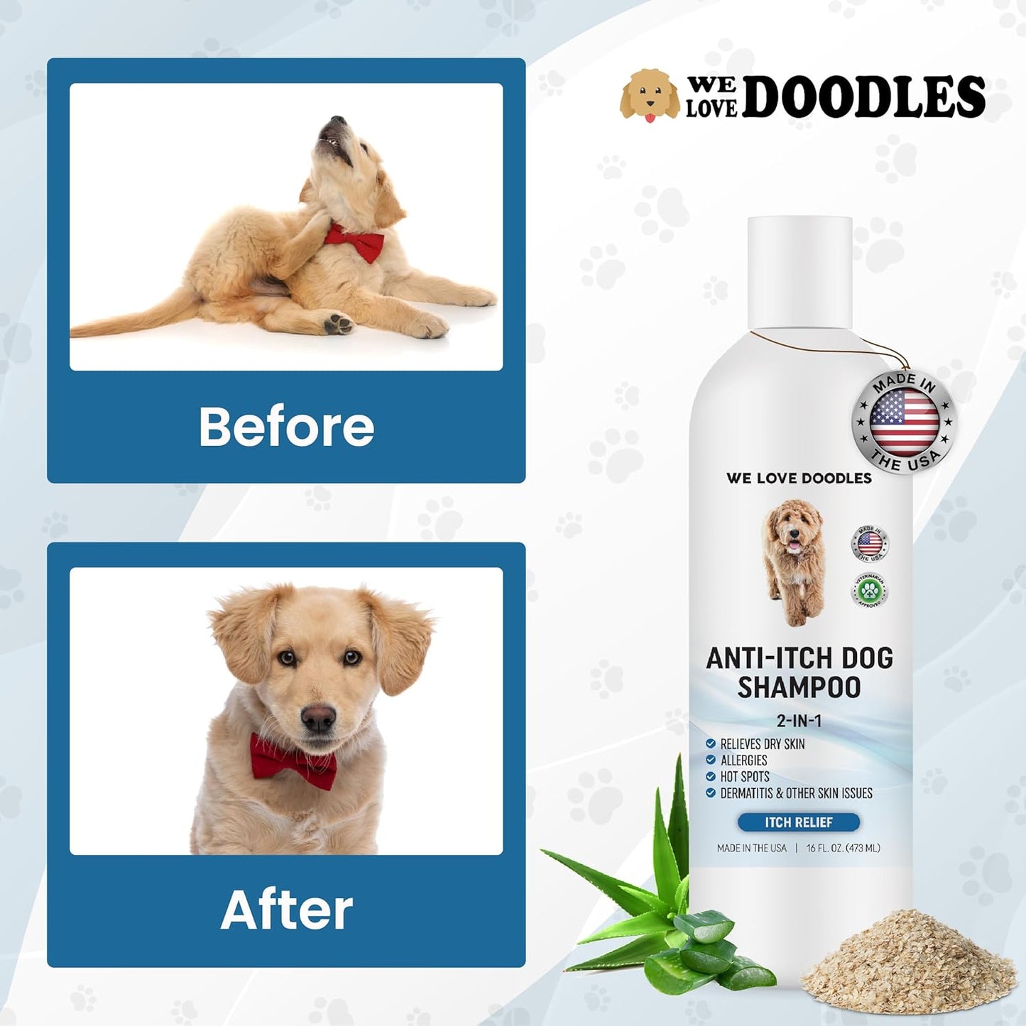 Premium Anti Itch Dog Shampoo for Sensitive Skin, Made in USA, Dry Skin Treatment for Dogs, Great for Allergies, Itching, Hot Spots, Natural Ingredients & Allergy Relief, 16 OZ [We Love Doodles]