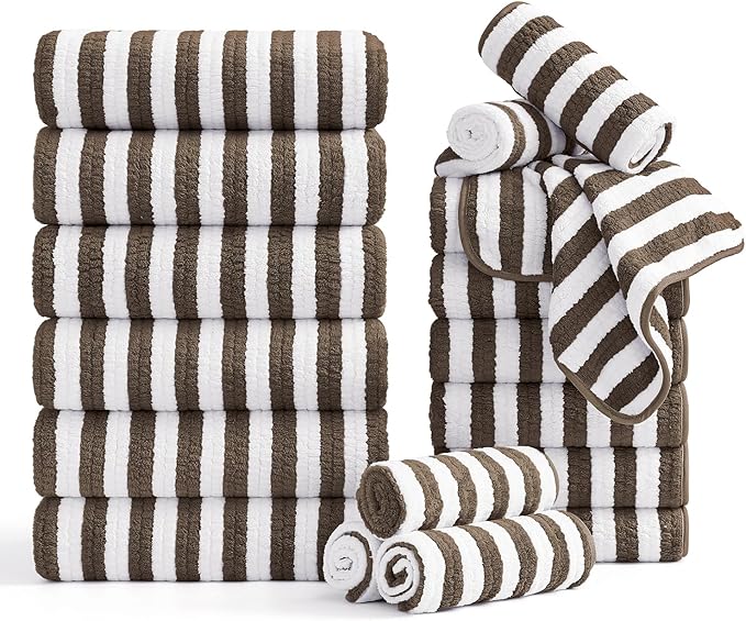 Smuge 18 Pcs Bath Towel Set, Include 6 Bath Towel Sheets, 6 Hand Towels and 6 Washcloths - Highly Absorbent Quick Dry Microfiber,Ultra Soft Bathroom Towel Set with Hanging Loop - Dark Coffee by Smuge