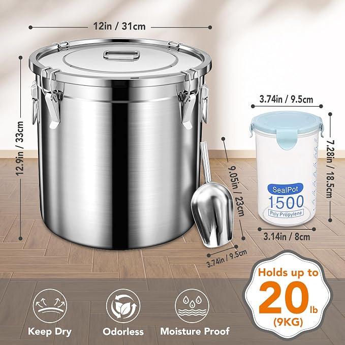 Newget Dog Food Storage Containers, Large Stainless Steel Pet Food Storage Containers 20 lb / 9 kg to Keep Fresh, Metal Airtight Cat Food Containers With Scoop and 2 Small Containers - Image 2