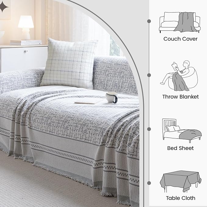 Waterproof Sofa Cover for Sectional Sofa, Boho Washable Couch Cover for 3-4 Cushion, L-Shape, Dogs Thick Chenille Pet Friendly Multi-Functional Furniture Protector with Tassels, 71"X150", Grey - Image 8