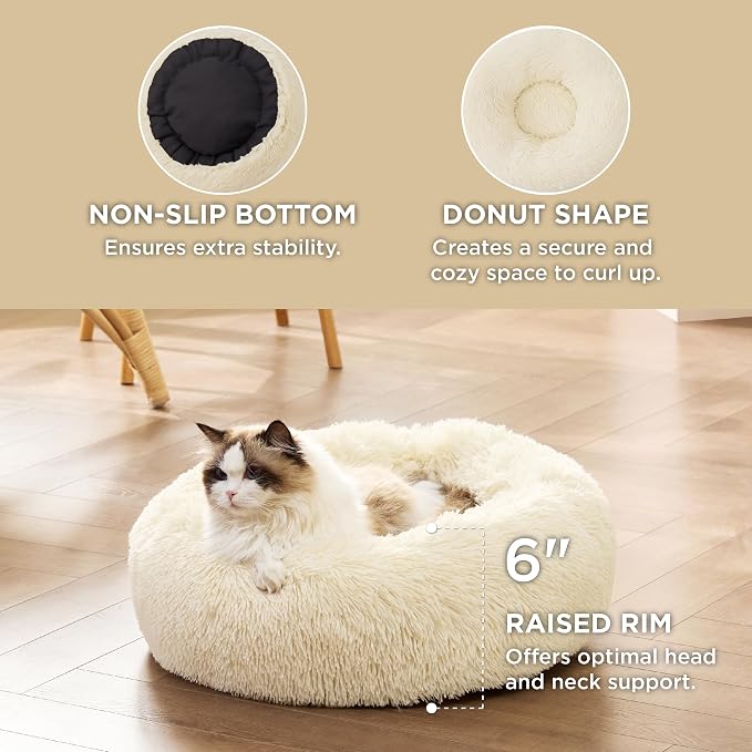 Bedsure Calming Cat Beds Donut Round Washable Kitten Bed,20 inches Cream | Fluffy Faux Fur Cuddler,Machine Washable,Anti-Slip Bottom,Anti-Anxiety,Deep Sleeping for Cats&Small Pets Up to 15 Lbs - Image 3