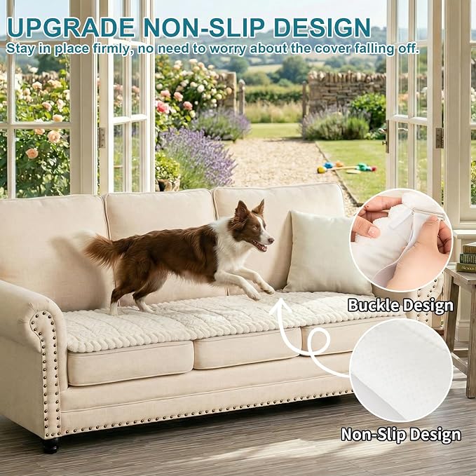 KRFOONN Couch Cover for Dogs Washable Sofa Covers for 3 Cushion Non-Slip Fuzzy Couch Cushion Covers Sofa Slipcovers Couches Furniture Protector with Elastic Straps for Dogs Pets Mat(Beige,27.6" x 59") - Image 3